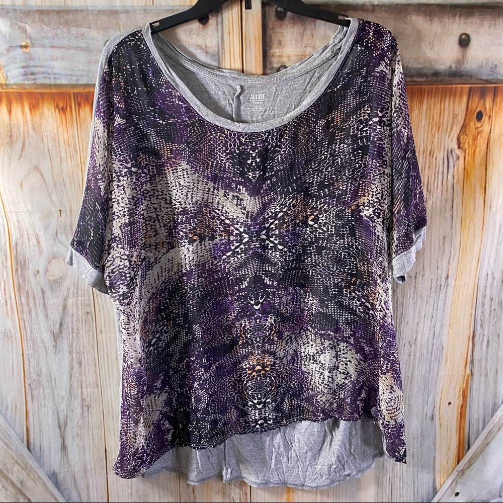 ⏳6/$24 A.N.A. Scoop Neck Top Oversized Chiffon Front T-Shirt Back 1X
